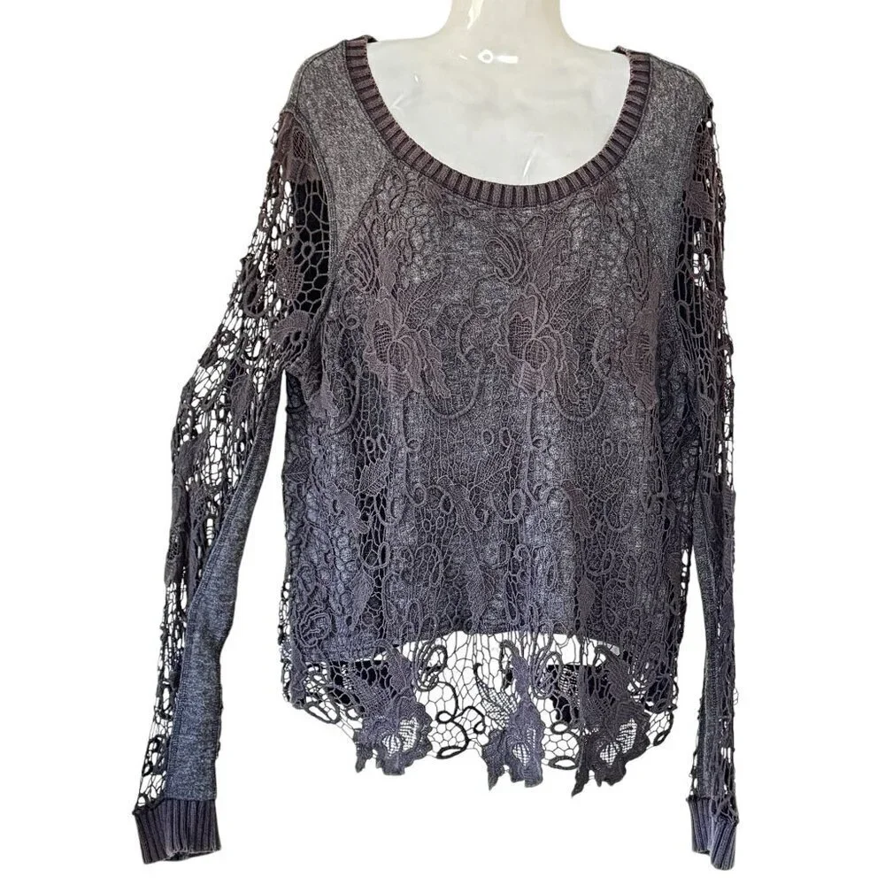 Free People Pretty Rad Sweater Graphite Black Round Neck Crochet Lace Goth Med